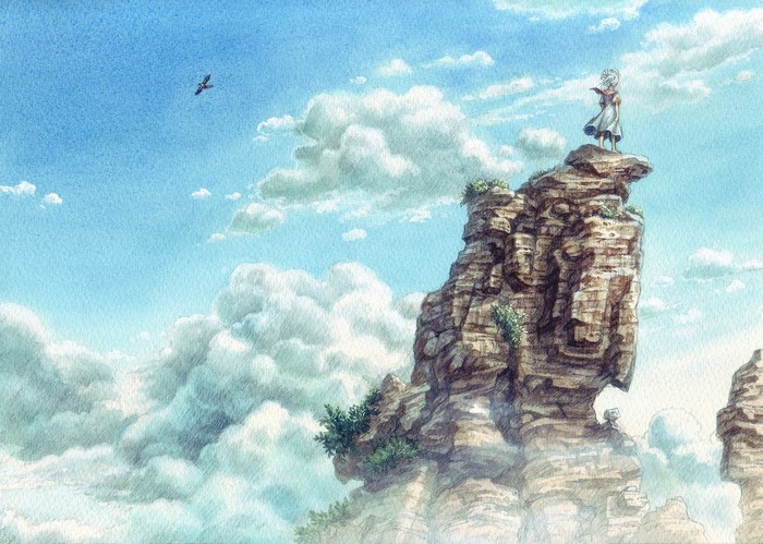 Girl on a rocky peak with clouds and bird