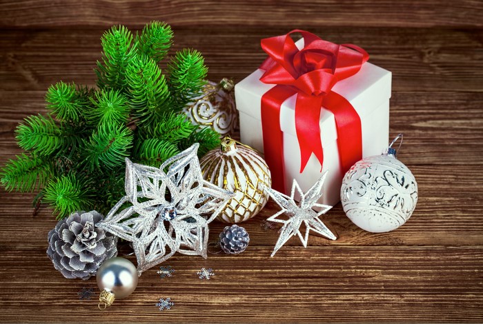 Christmas Decorations with Gift and Pine Branch
