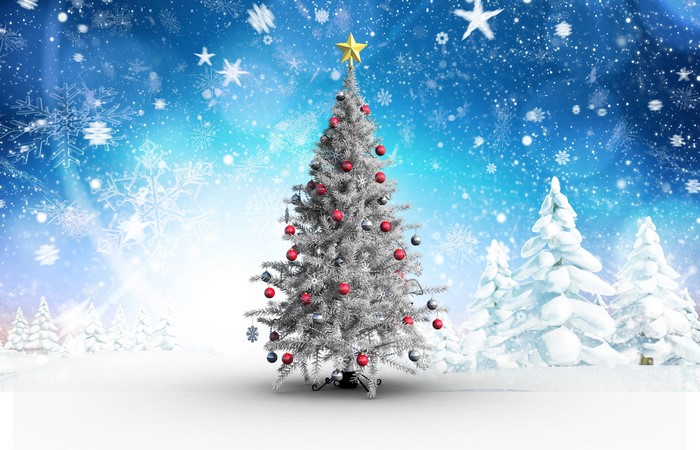 Christmas tree with ornaments and snowflakes