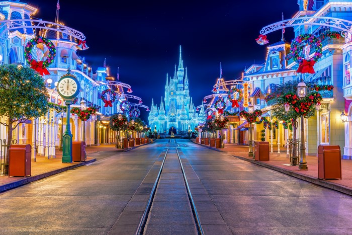 Main Street USA at Disneyland at night with Christmas decorations