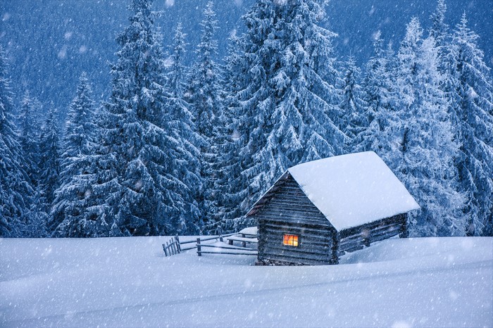 Wooden house in a snowy forest during winter