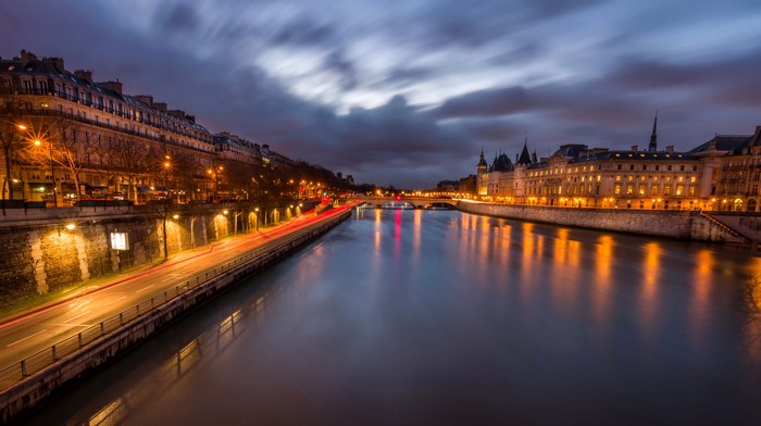 Parisian Riverfront at Dusk with Long Exposure