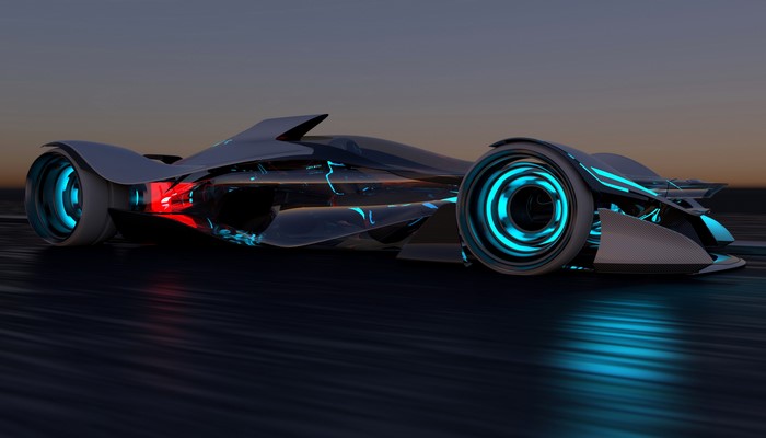 Futuristic grey concept car with blue lights