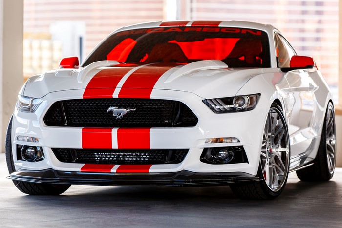 White Ford Mustang with Red Stripes