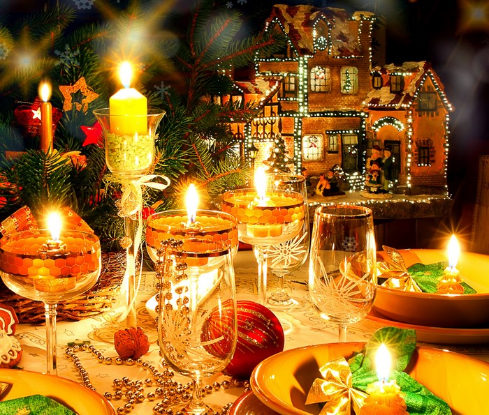 Christmas Table Setting with Candles and Festive Decorations