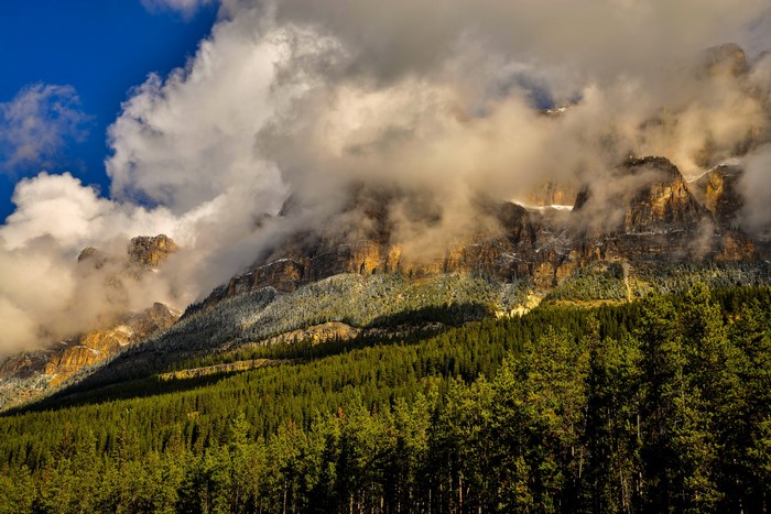 Clouds over Banff National Park mountains with pine forest