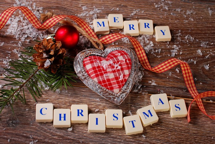 Merry Christmas decoration with pine cone and ribbon