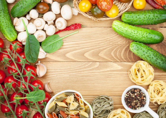 Vegetables, Mushrooms, Cucumbers, Tomatoes, Garlic, and Pasta