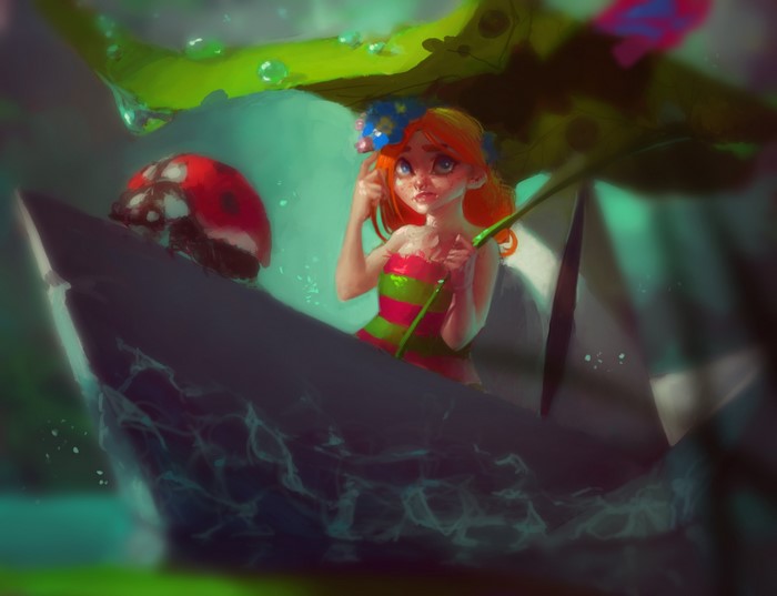 Fairy in a paper boat with a ladybug