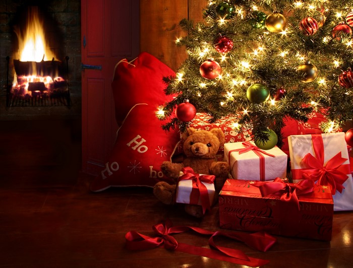 Christmas Tree with Gifts and Fireplace