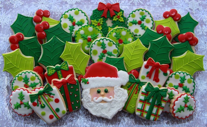 Christmas Cookies with Santa Claus and Holly