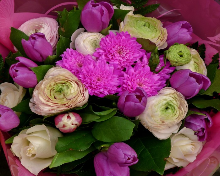 Bouquet of Roses, Ranunculus, Tulips, and Chrysanthemums