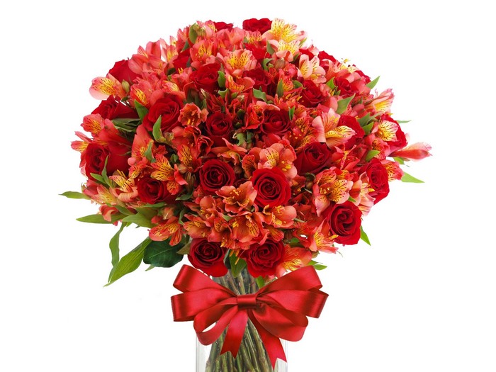 Red Roses and Alstroemeria Bouquet with Red Bow