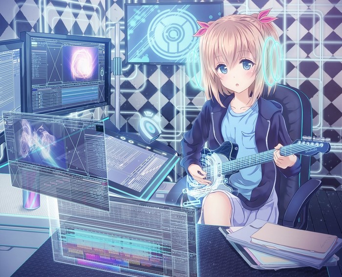 Girl with guitar in a futuristic studio