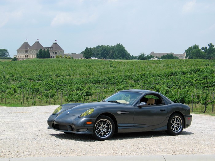 Grey 2004 Panoz Esperante parked at vineyard