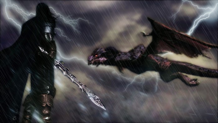 Warrior with sword fighting a dragon in a thunderstorm