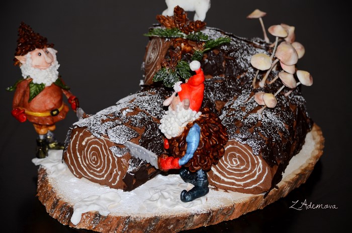 Chocolate Yule Log Cake with Gnomes and Mushrooms