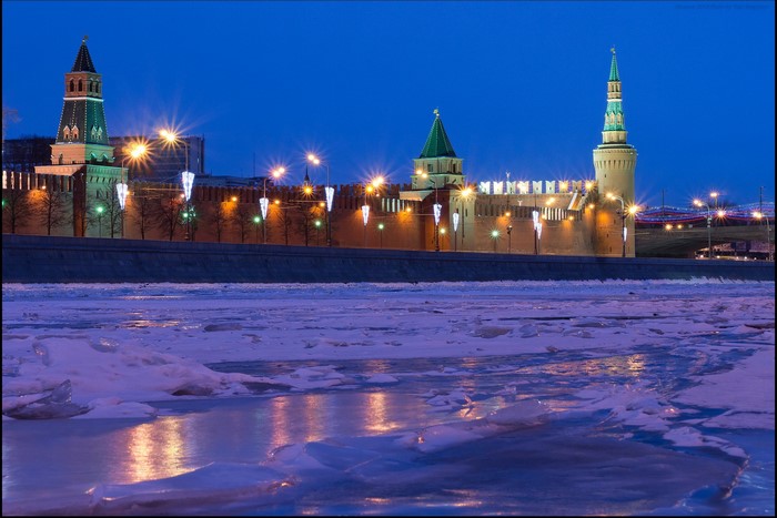Moscow Kremlin at Night with Frozen River