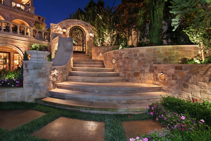 Mansion stairs at night with street lights