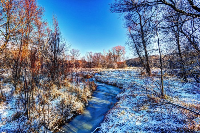 Winter scene with a frozen river and snow-covered trees