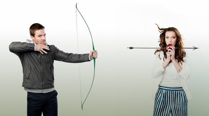 Stephen Amell and Katie Cassidy with Bow and Arrow