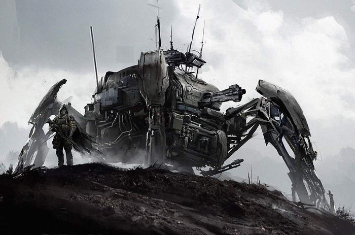 Soldier and giant spider-like robot in a desolate landscape
