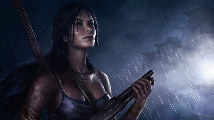 Lara Croft from Tomb Raider in the rain