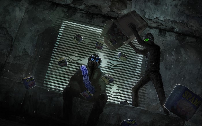 Two figures in gas masks surrounded by cans of SPAM