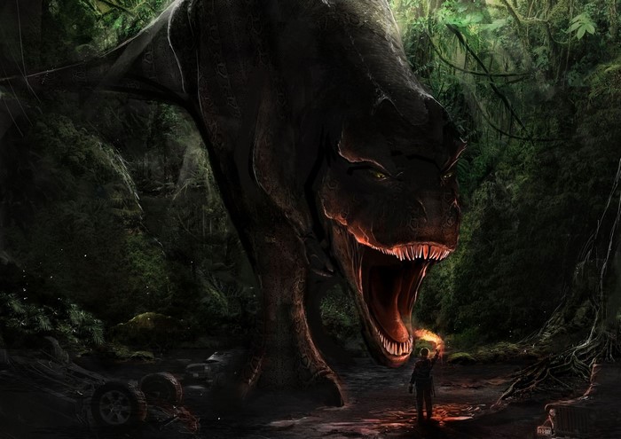 Tyrannosaurus Rex confronts a person with a torch in a jungle