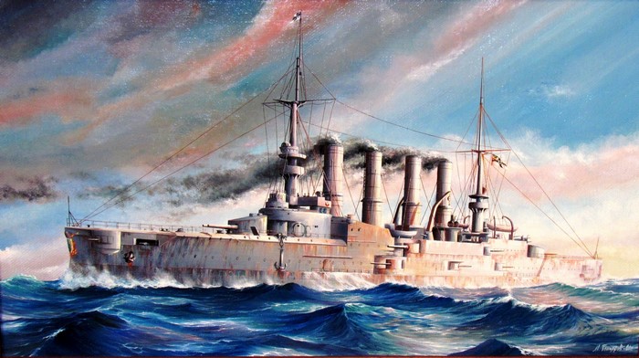 Painting of a Battleship Sailing Through Rough Seas