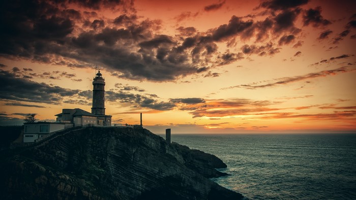 Lighthouse on a cliff during sunset