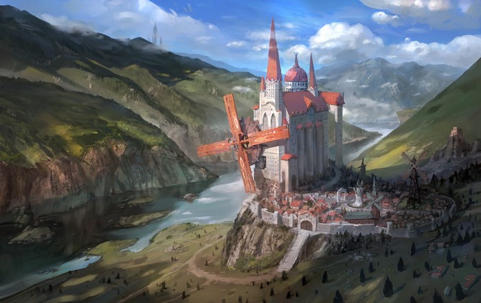 Fantastic world castle with windmills