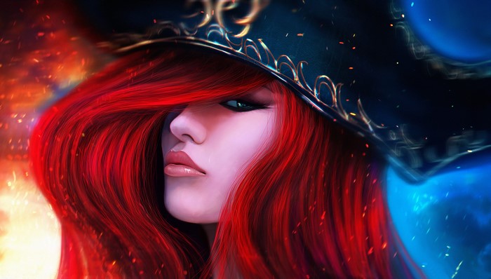 Miss Fortune from League of Legends with red hair and hat