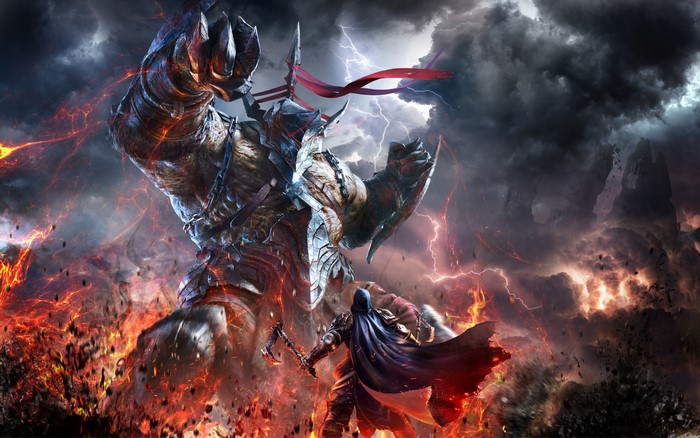 Lords of the Fallen: Giant demon fighting a hooded warrior