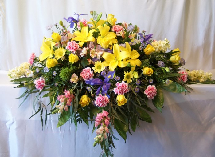 Yellow Lilies, Irises, Roses, and Carnations Flower Arrangement