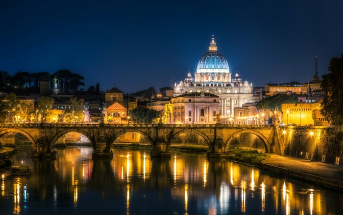 St. Peter's Basilica and Ponte Sant'Angelo at Night, Rome