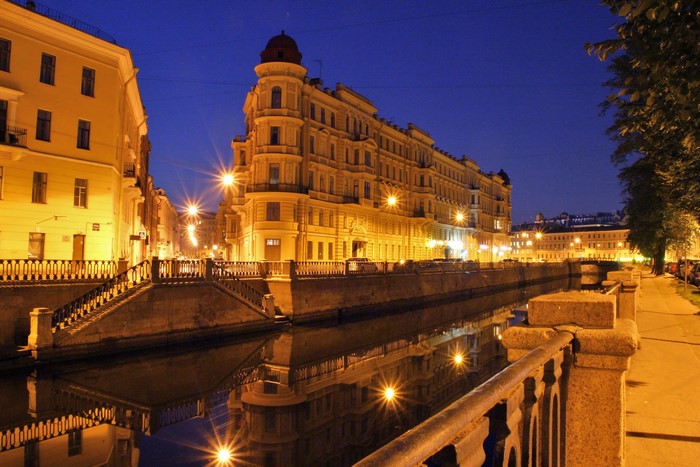 Night view of a canal in St. Petersburg, Russia