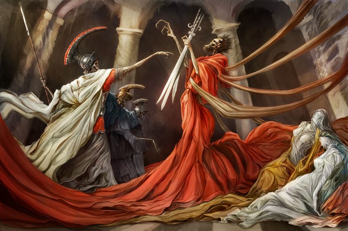 Undead figures in Roman-style armor and robes with swords