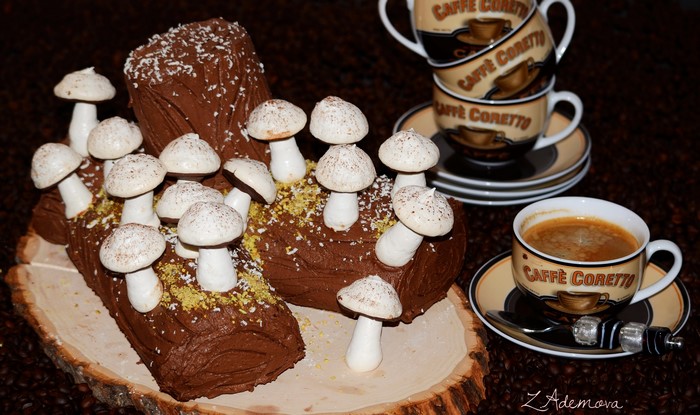 Chocolate Yule Log Cake with Meringue Mushrooms and Coffee