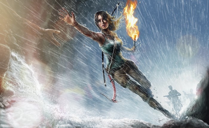 Lara Croft from Tomb Raider in a storm with a torch