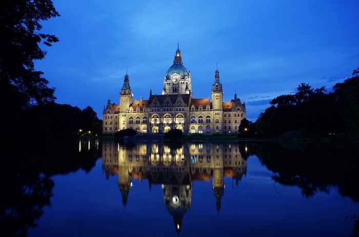 Hanover New Town Hall at Night with Reflection