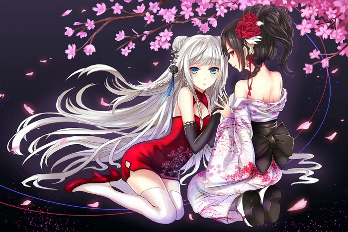 Two anime girls with cherry blossoms