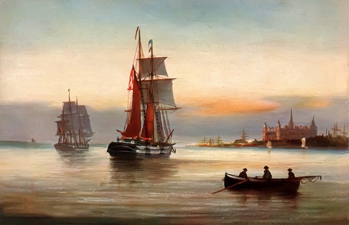 Sailing Ships and a Castle at Sunset