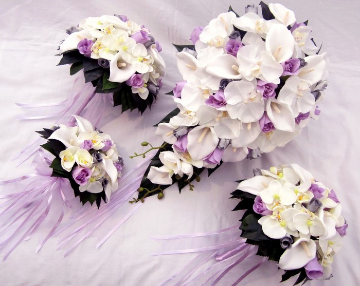 Wedding Bouquets with White Orchids, Calla Lilies, and Purple Roses