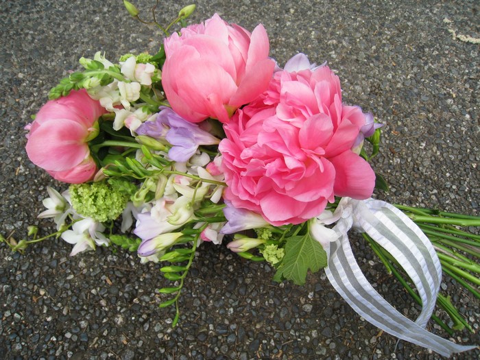 Pink Peony and Freesia Bouquet with Ribbon