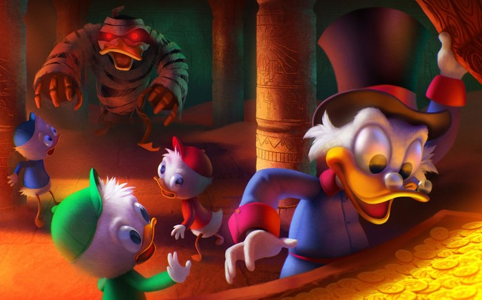 Scrooge McDuck and nephews in a tomb with a mummy