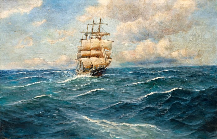 Painting of a tall ship sailing on wavy seas under a cloudy sky