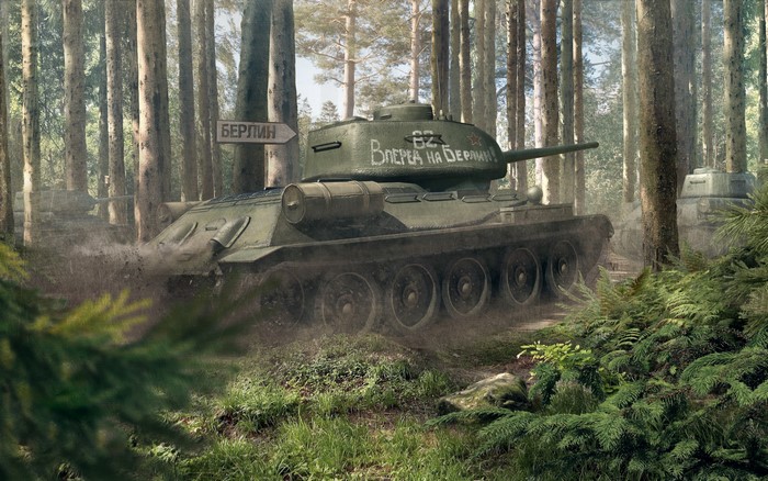 T-34-85 tank in a forest with Berlin sign