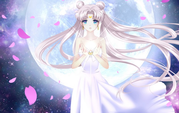 Sailor Moon in a white dress under the moon