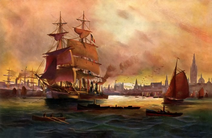 Ships in a harbor with a city skyline